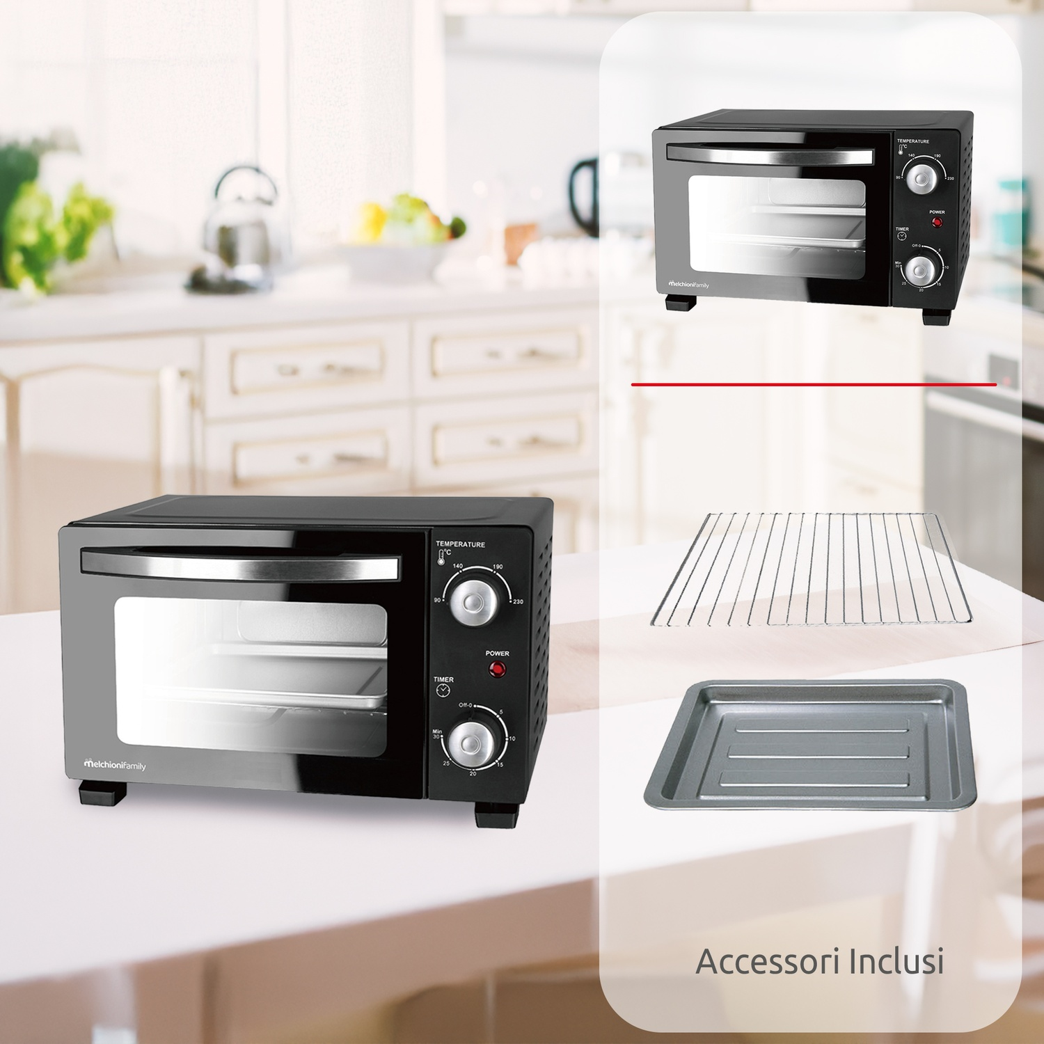 Forno nero con accessori. Forno, griglia e vassoio. Forno aggiuntivo sullo sfondo.