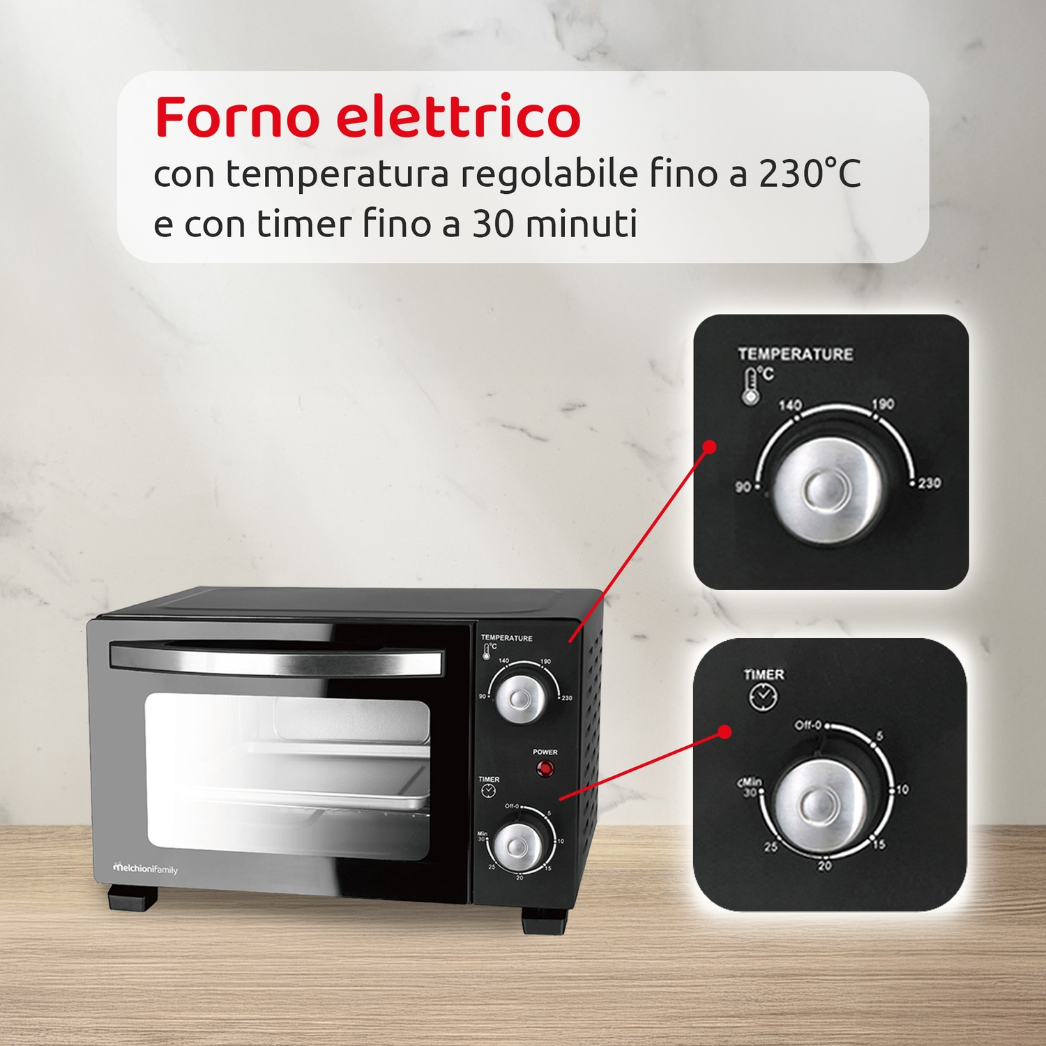 Forno elettrico nero con manopole di temperatura e timer, sfondo bianco.