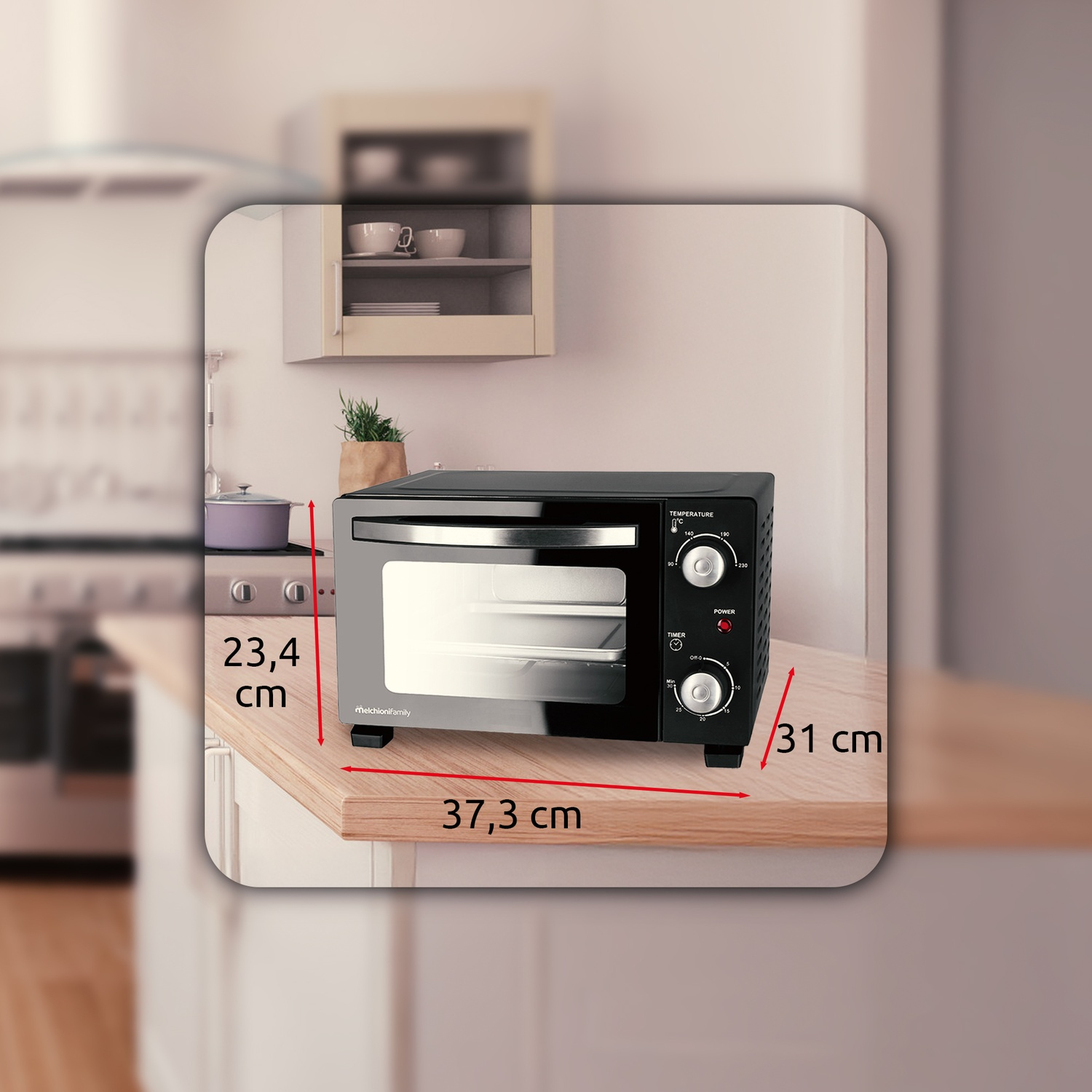 Un forno su una superficie in legno. Le dimensioni sono visualizzate in centimetri.