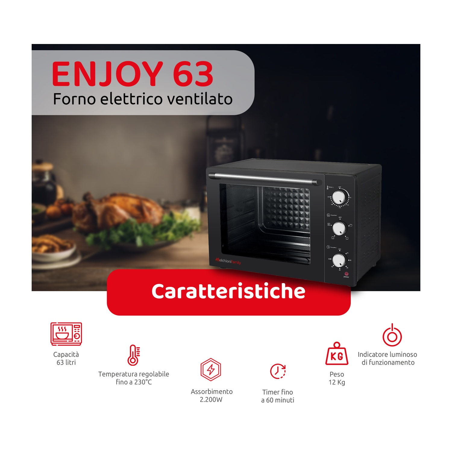 Forno nero con la scritta 'ENJOY 63'. Ha icone per capacità, temperatura, potenza e tempo.