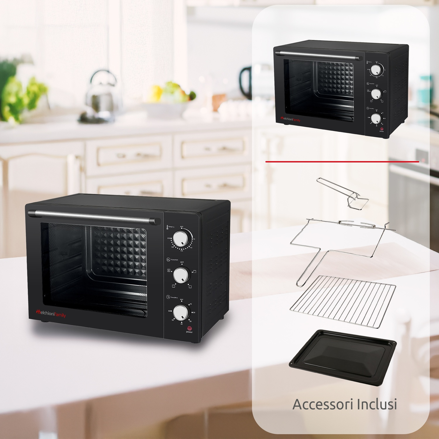 Forno nero con accessori su un piano di lavoro bianco. Ambiente cucina con mobile bianco e teiera.