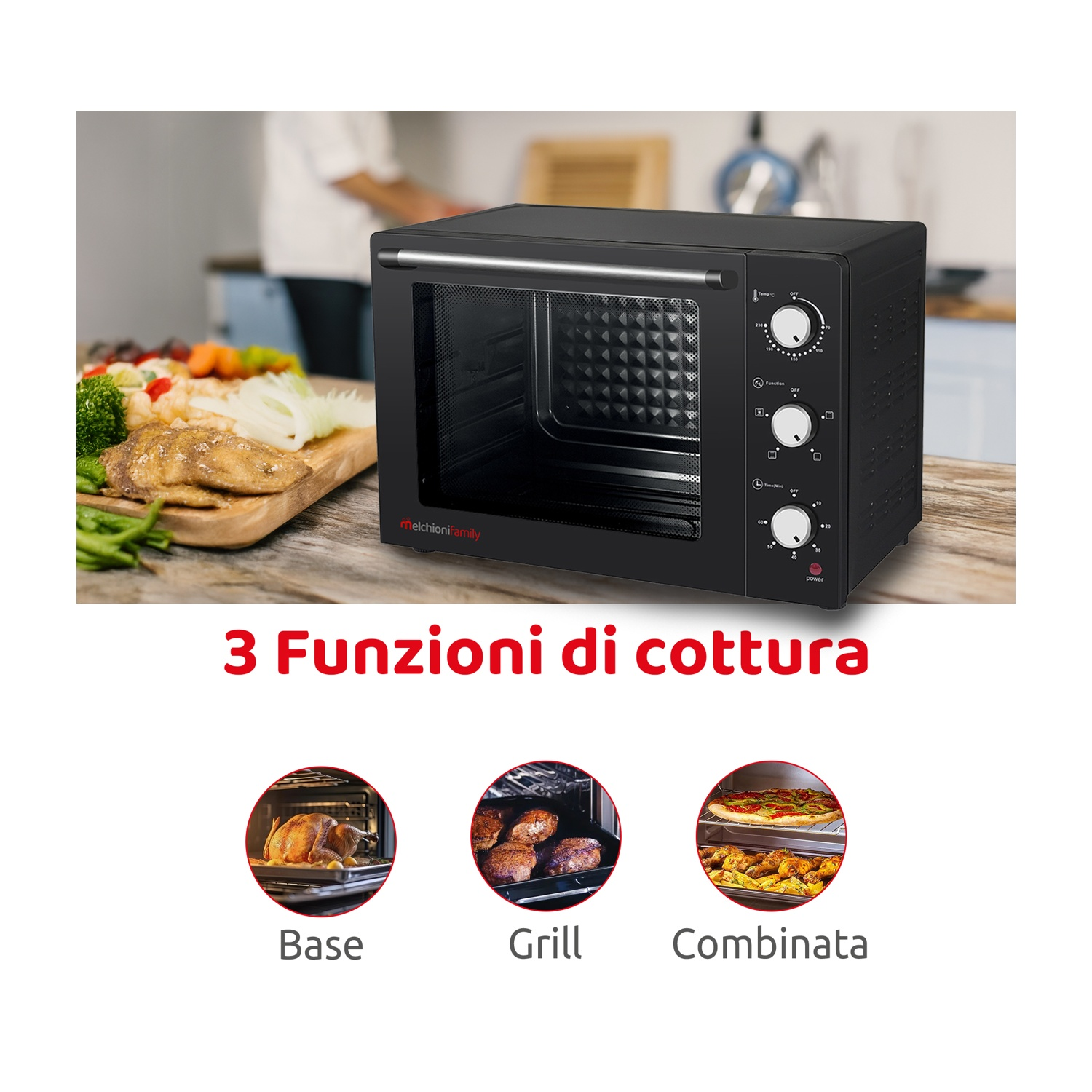 Un forno nero con tre funzioni di cottura visualizzate. Un tacchino e altri alimenti sono visibili.