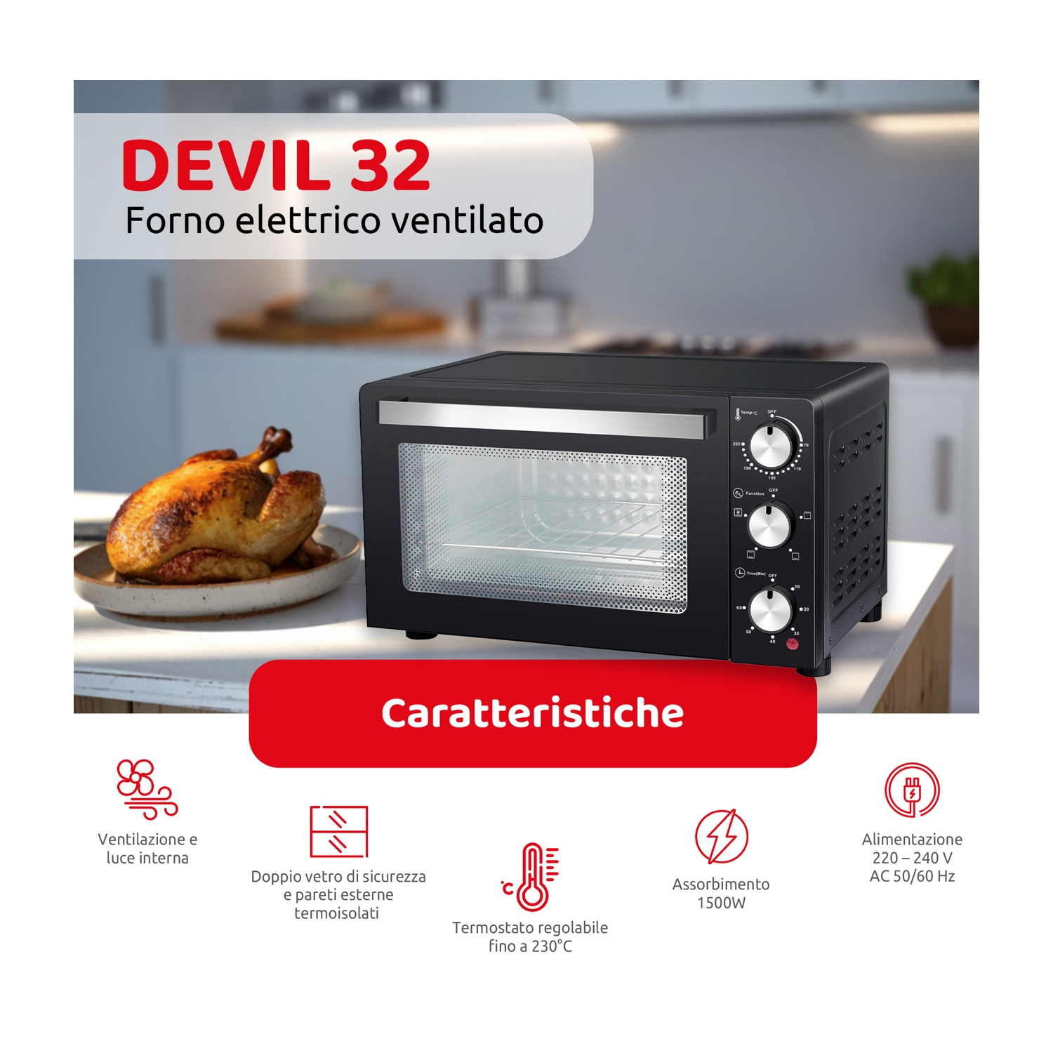 Forno nero con pollo arrosto all'interno. Caratteristiche, testo e icone anche sul forno.