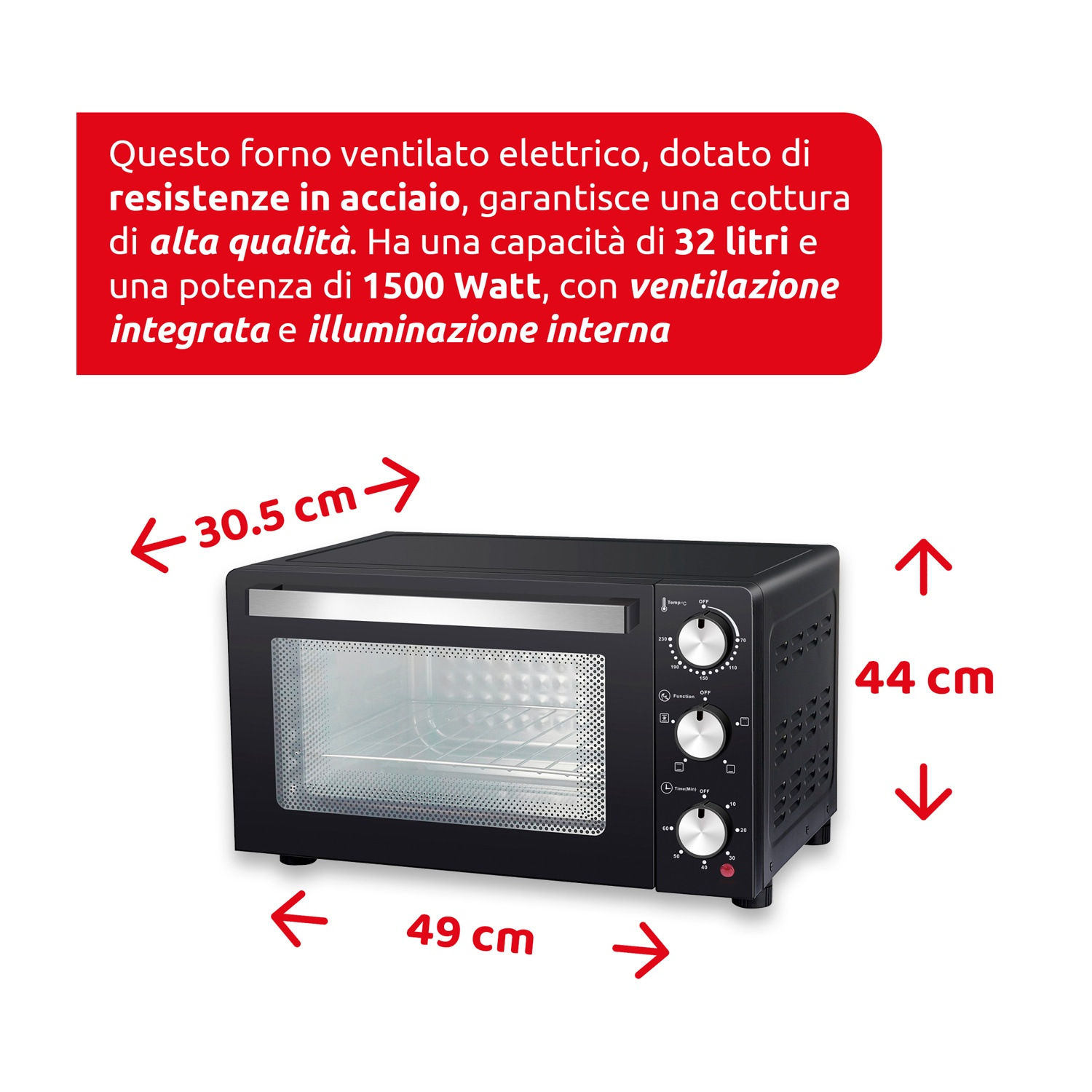 Un forno nero con dimensioni indicate. Il testo è in rosso. È largo 49 cm, profondo 30,5 cm e alto 44 cm.