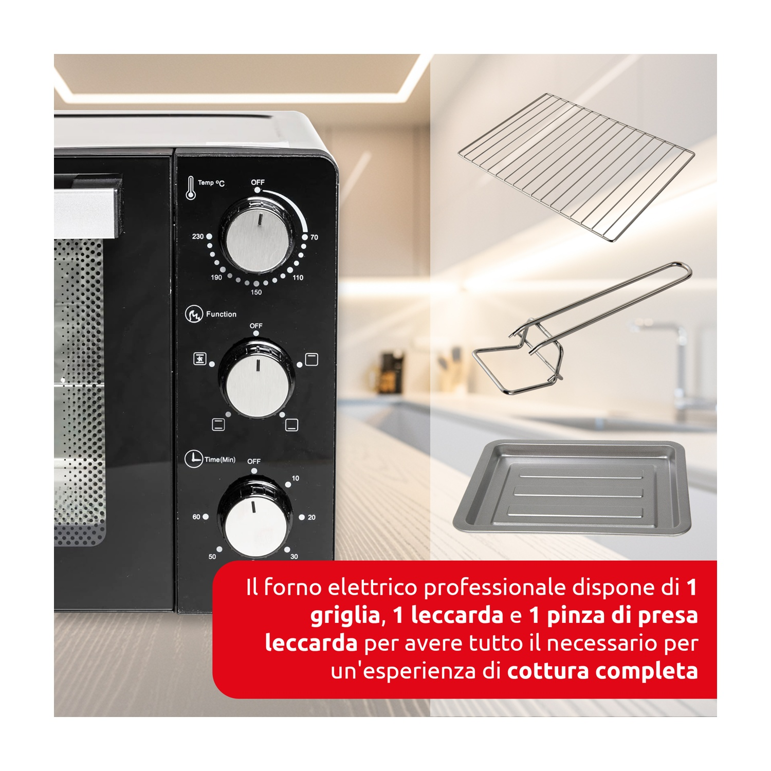 Primo piano di un pannello di controllo del forno nero con quadranti e timer. Gli accessori includono griglia e vassoio.