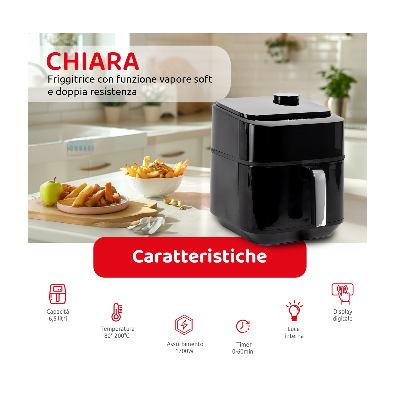 Friggitrice ad aria nera con caratteristiche. Patatine fritte e mela su tagliere di legno. Cucina.