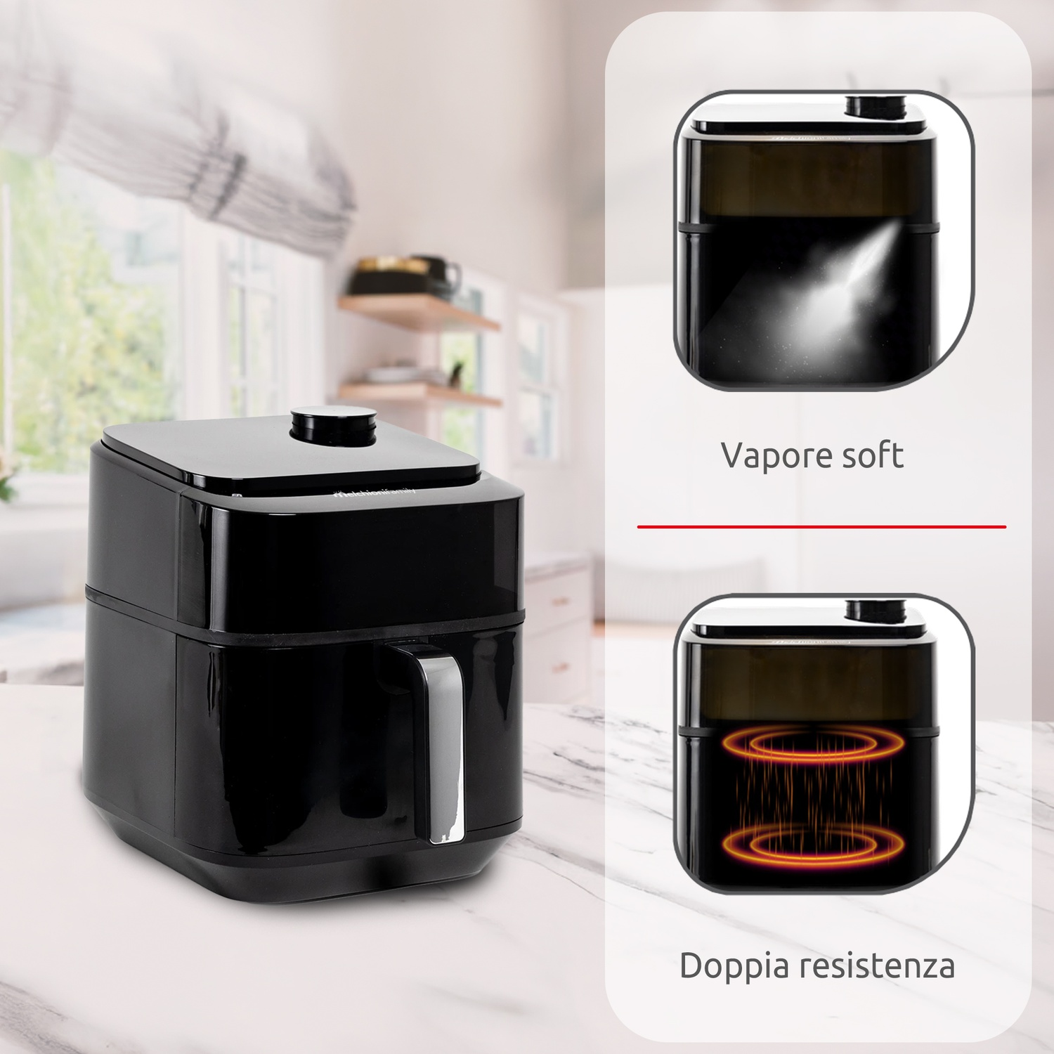 Una friggitrice ad aria nera con due diagrammi che mostrano vapore e doppia resistenza.