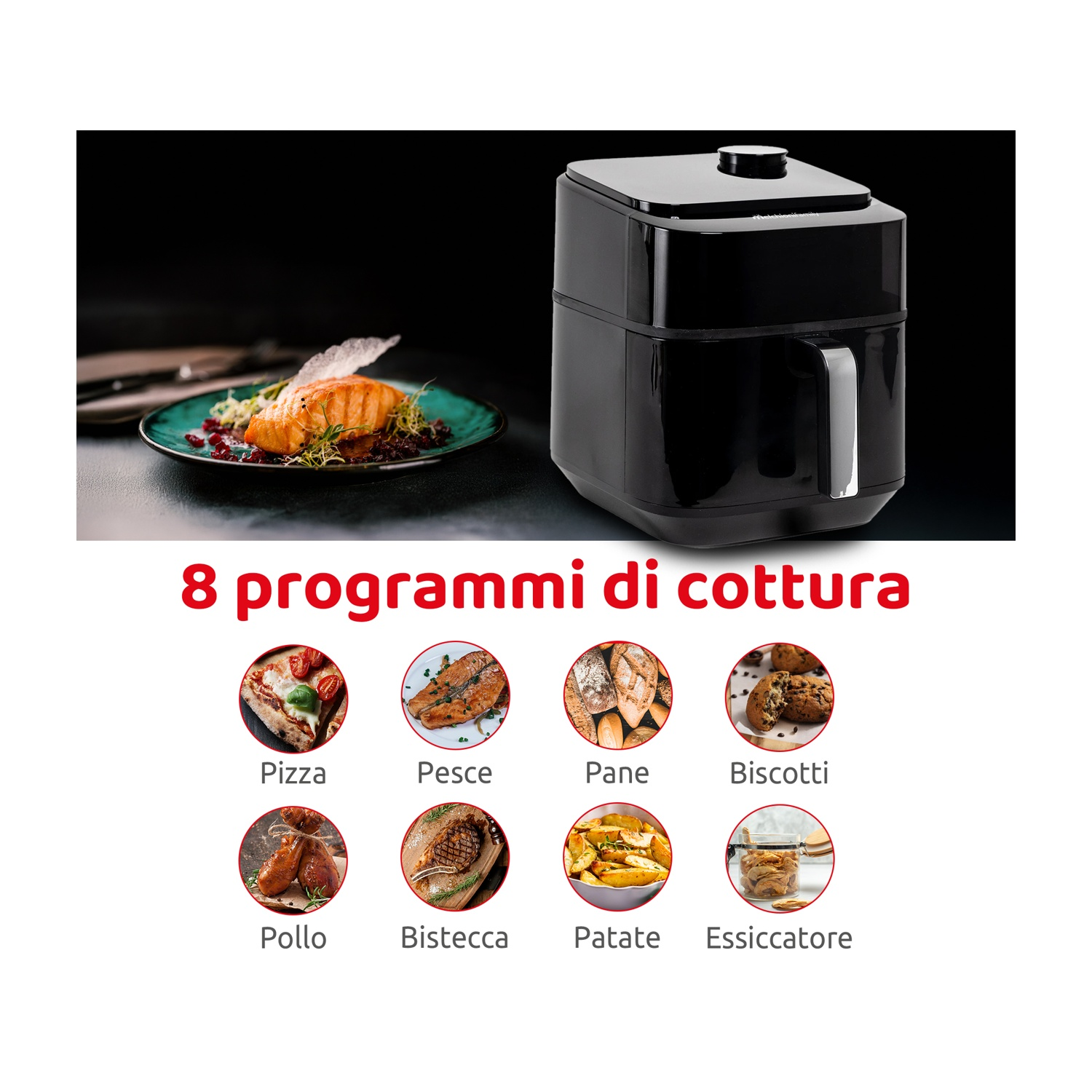 Una friggitrice ad aria con diverse opzioni di cottura mostrate in cerchi sottostanti.
