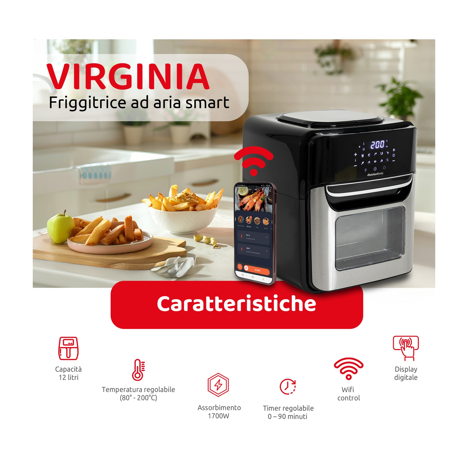 Una friggitrice ad aria, una ciotola di patatine fritte e uno smartphone con app su un tavolo.