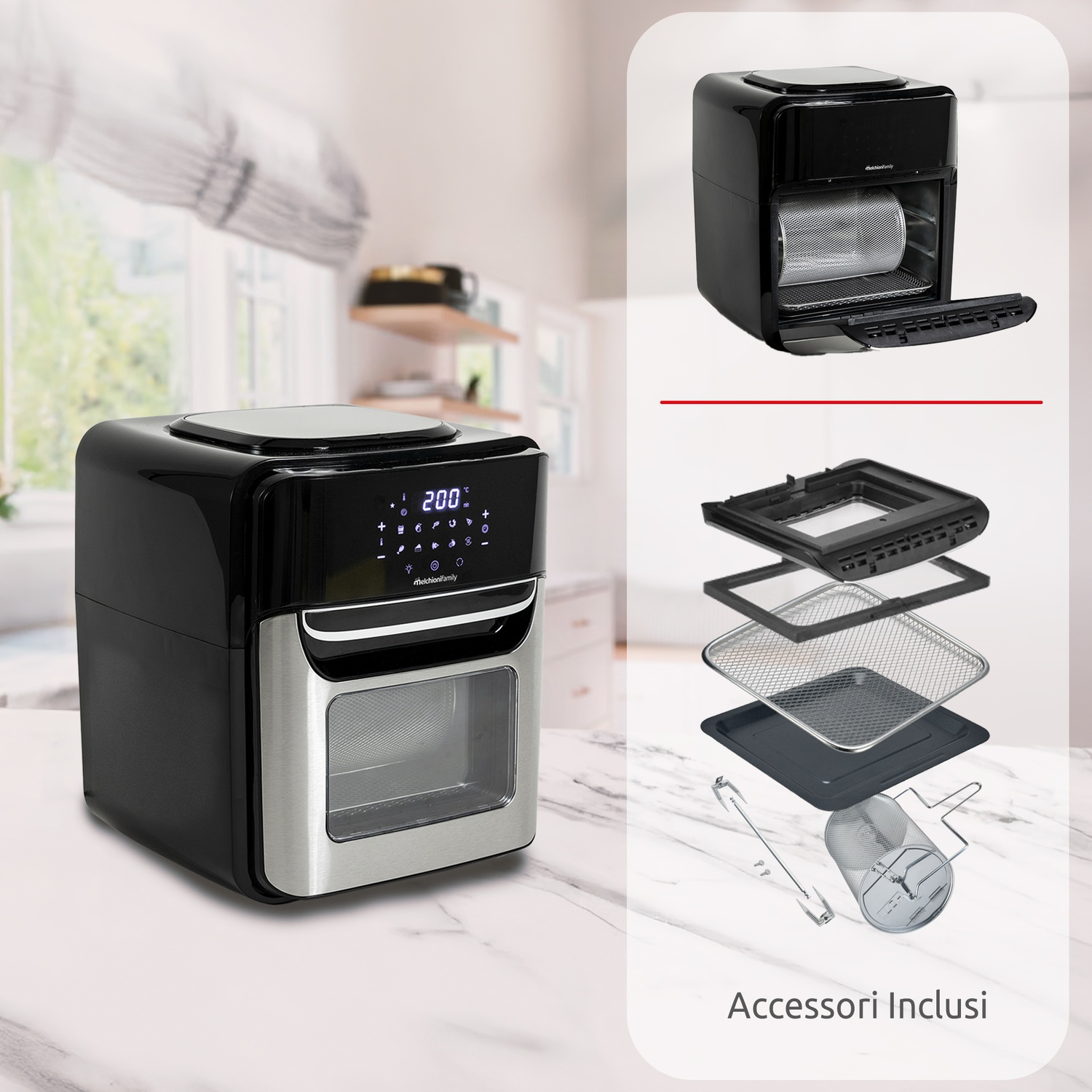 Friggitrice ad aria nera con accessori: vassoi, cestello, ecc. Su un piano di lavoro bianco.