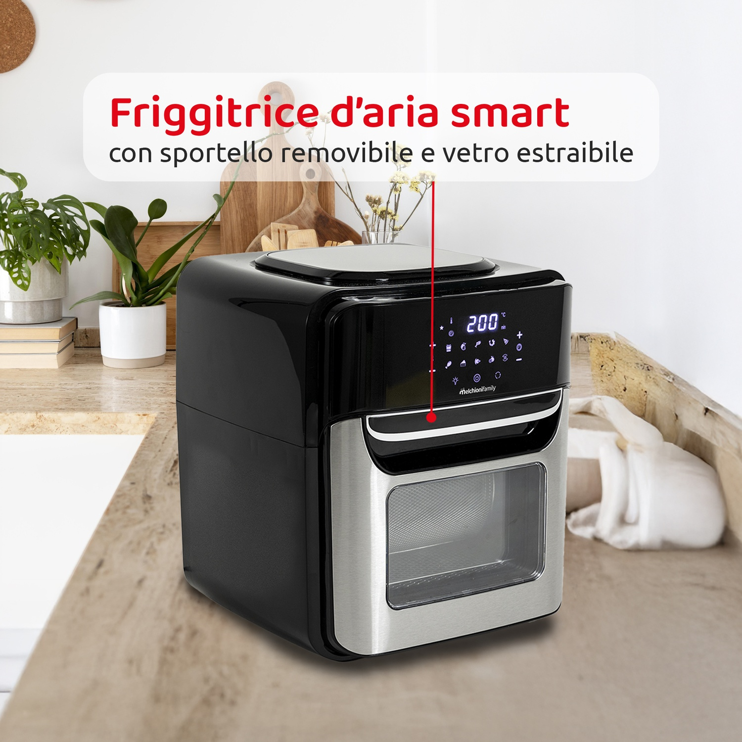 Una friggitrice ad aria nera e argento con porta e vetro rimovibili. È su un piano di lavoro.