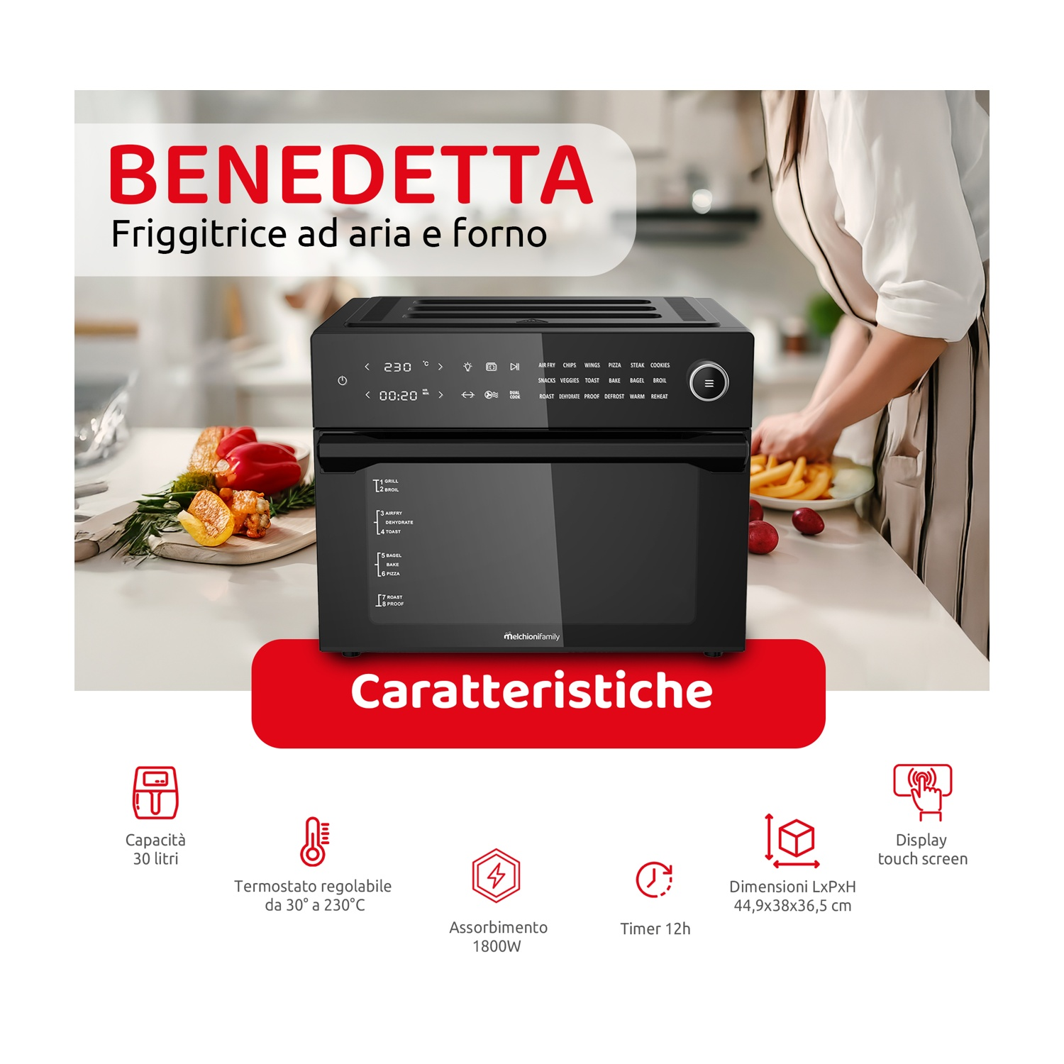 Friggitrice ad aria nera con display e testo in italiano: Caratteristiche e Friggitrice ad aria e forno.