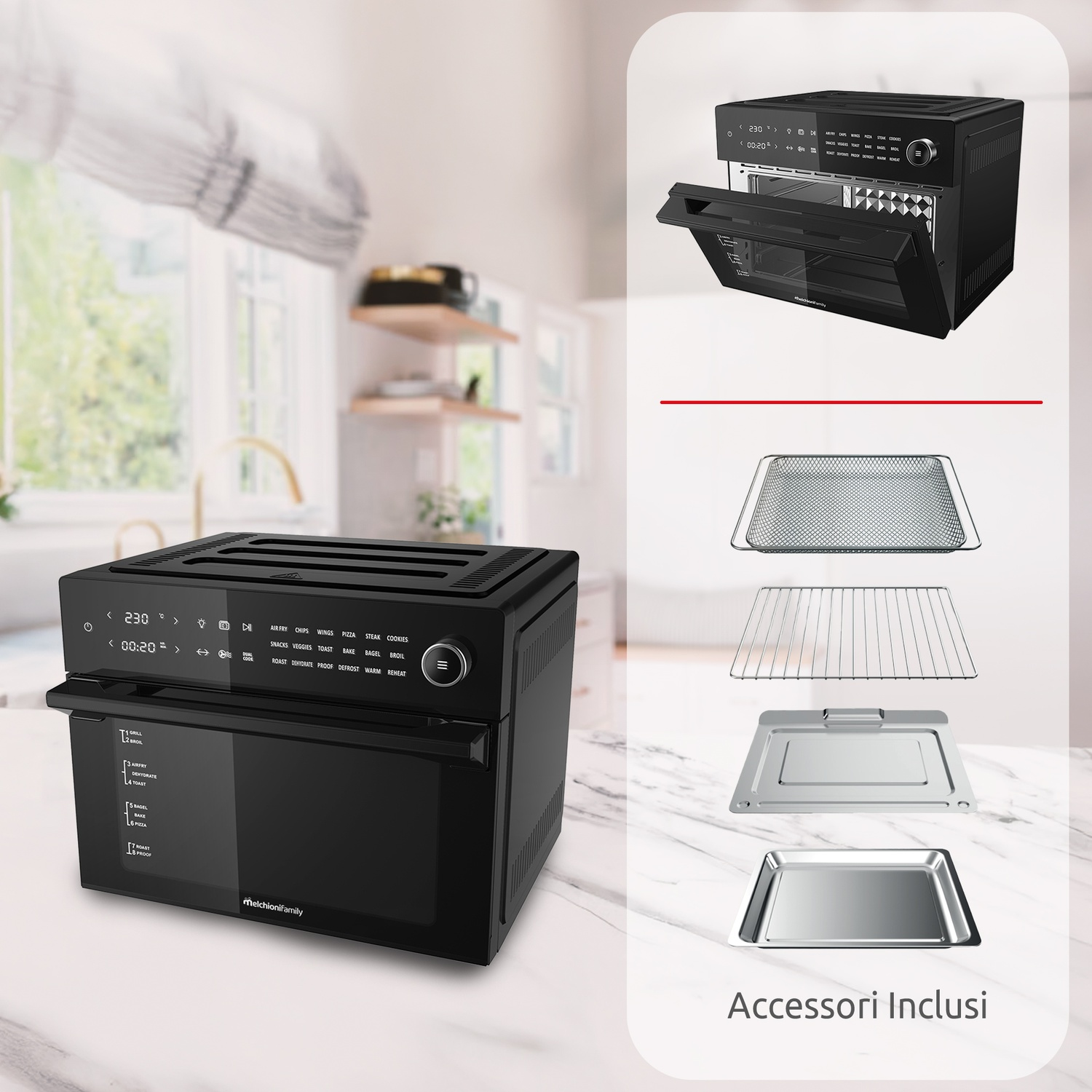 Un forno multifunzione nero con accessori inclusi. È aperto, mostrando l'interno.