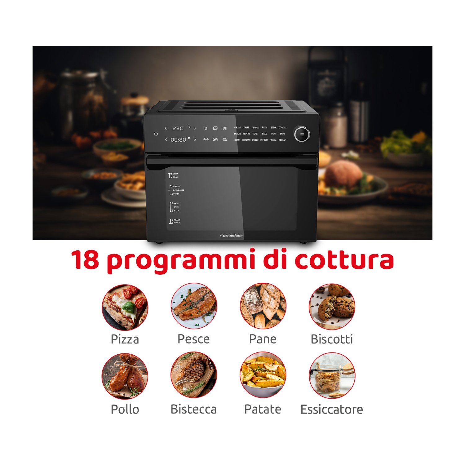 Un forno nero con icone del programma di cottura e testo in italiano. Sono mostrate 8 icone di cibo.