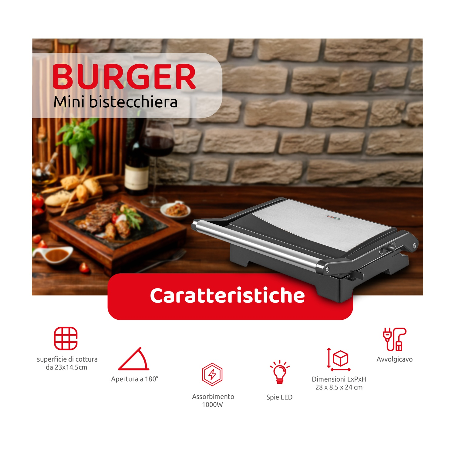 Una griglia per hamburger con il testo 'BURGER'. Include superficie di cottura, apertura a 180° e luci LED.