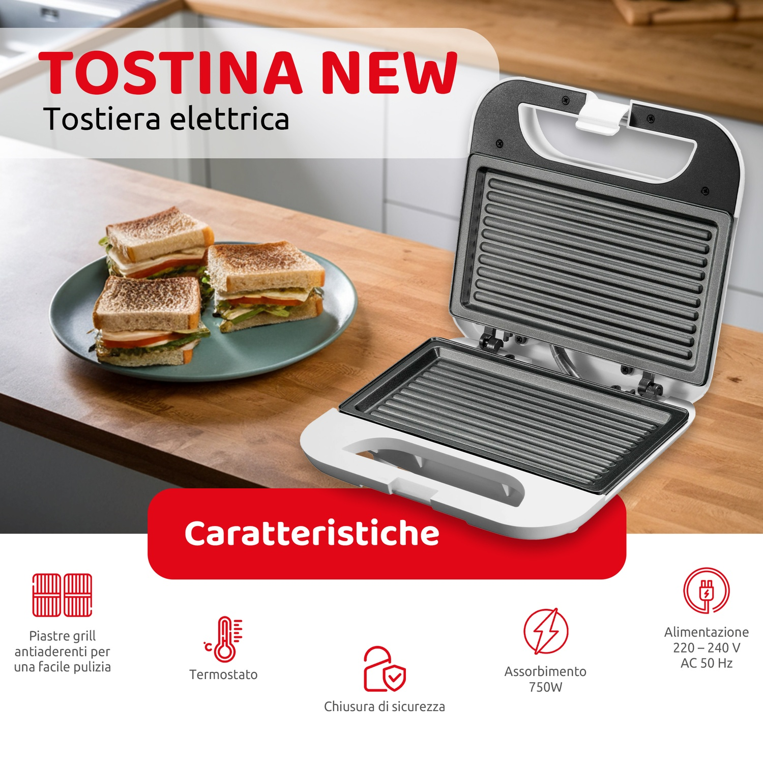 Macchina per sandwich bianca e nera con panini e un tavolo di legno.
