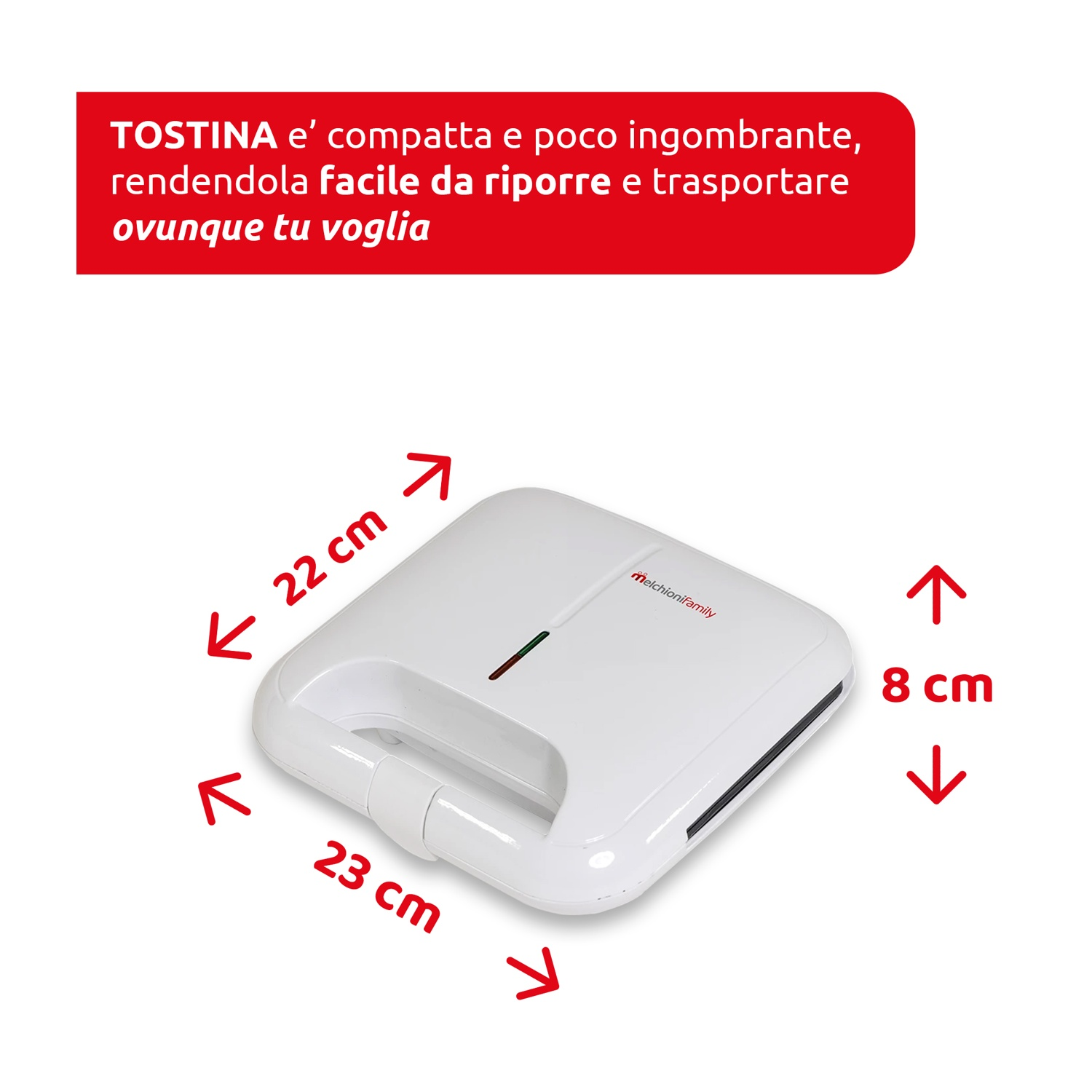 Macchina per sandwich bianca con dimensioni e testo in italiano.