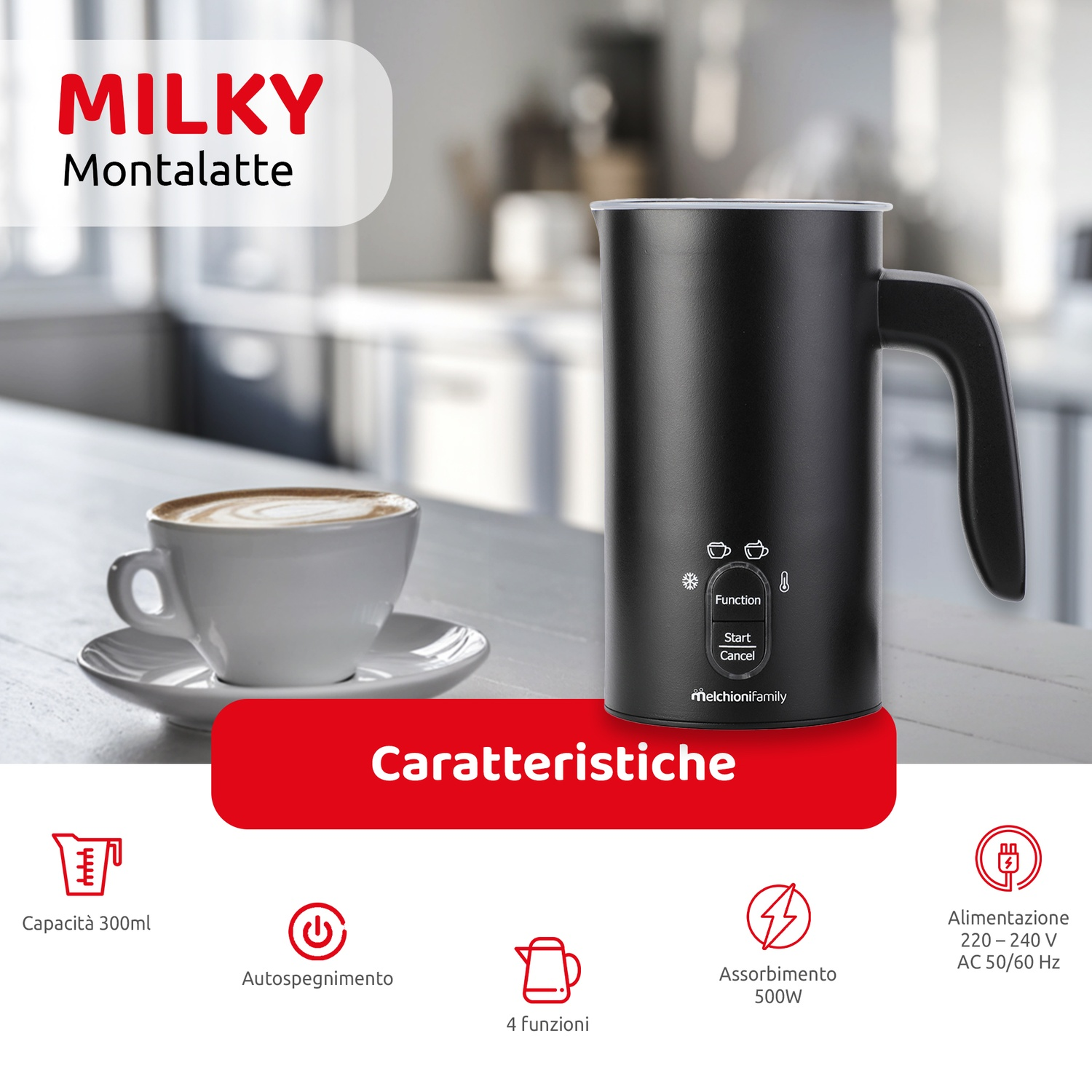 Un montalatte nero con una tazza di caffè e funzionalità.