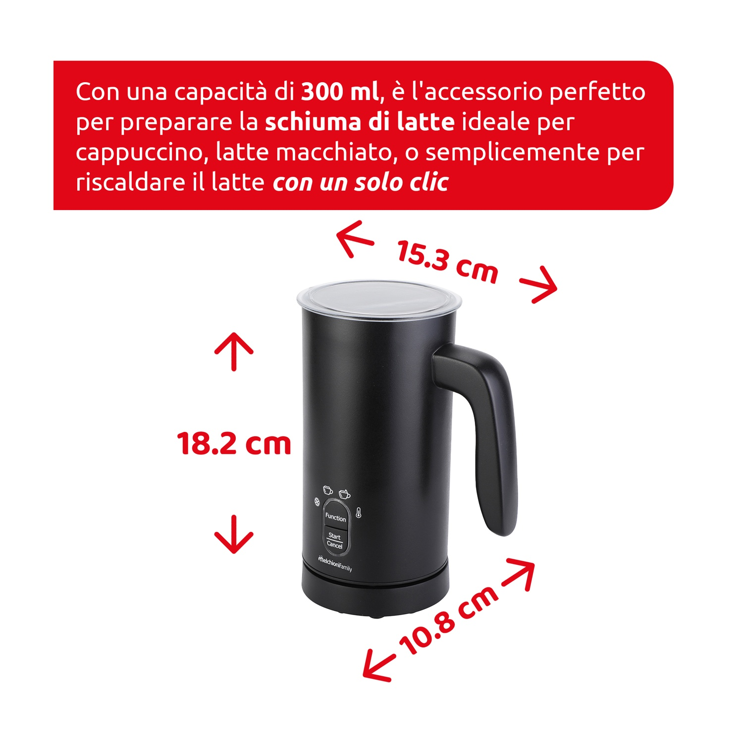 Un montalatte nero, con misure, su sfondo bianco.