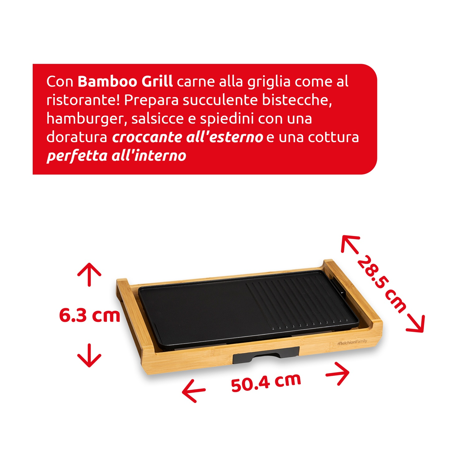 Griglia in bambù con dimensioni, che mostra una superficie di cottura rettangolare.