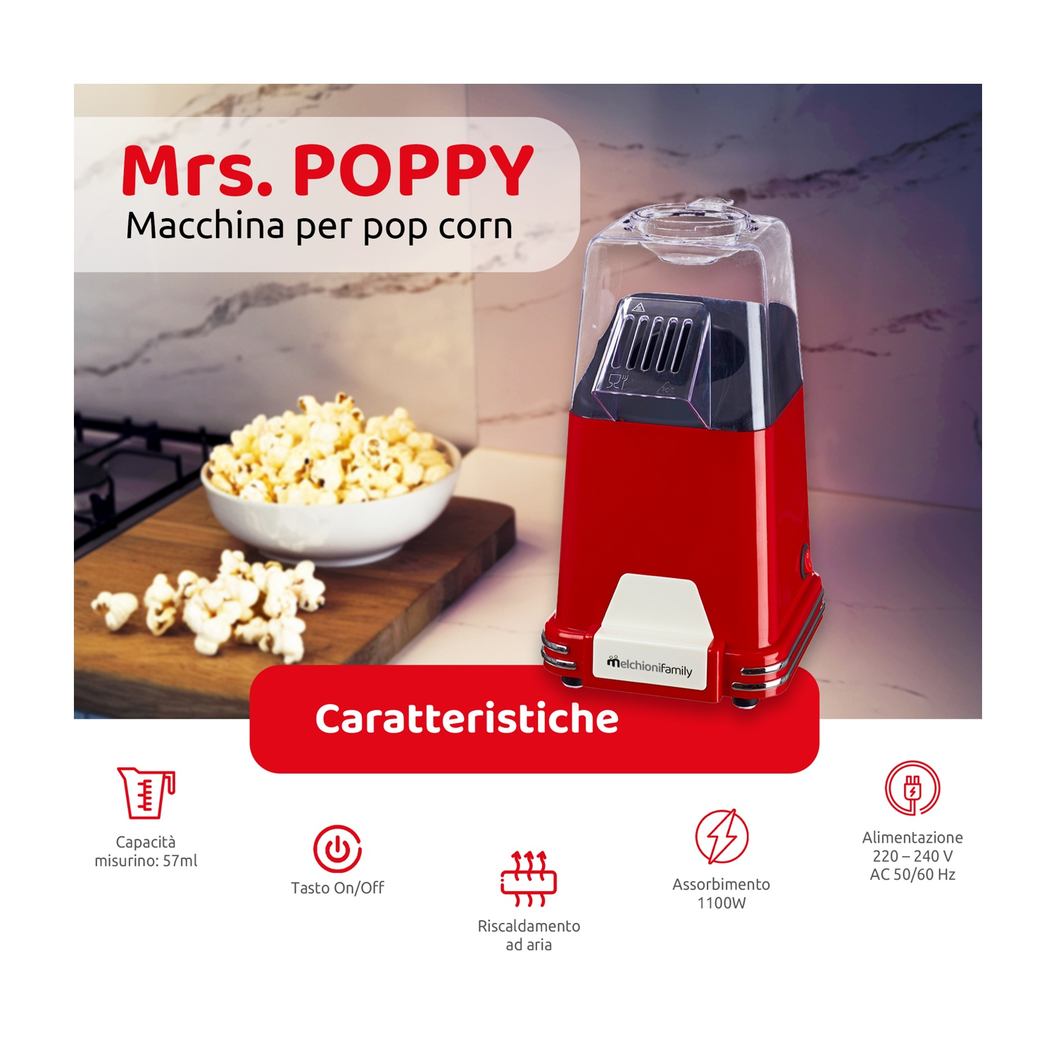 Una macchina per popcorn rossa con popcorn in una ciotola, icone e la scritta Mrs. Poppy.