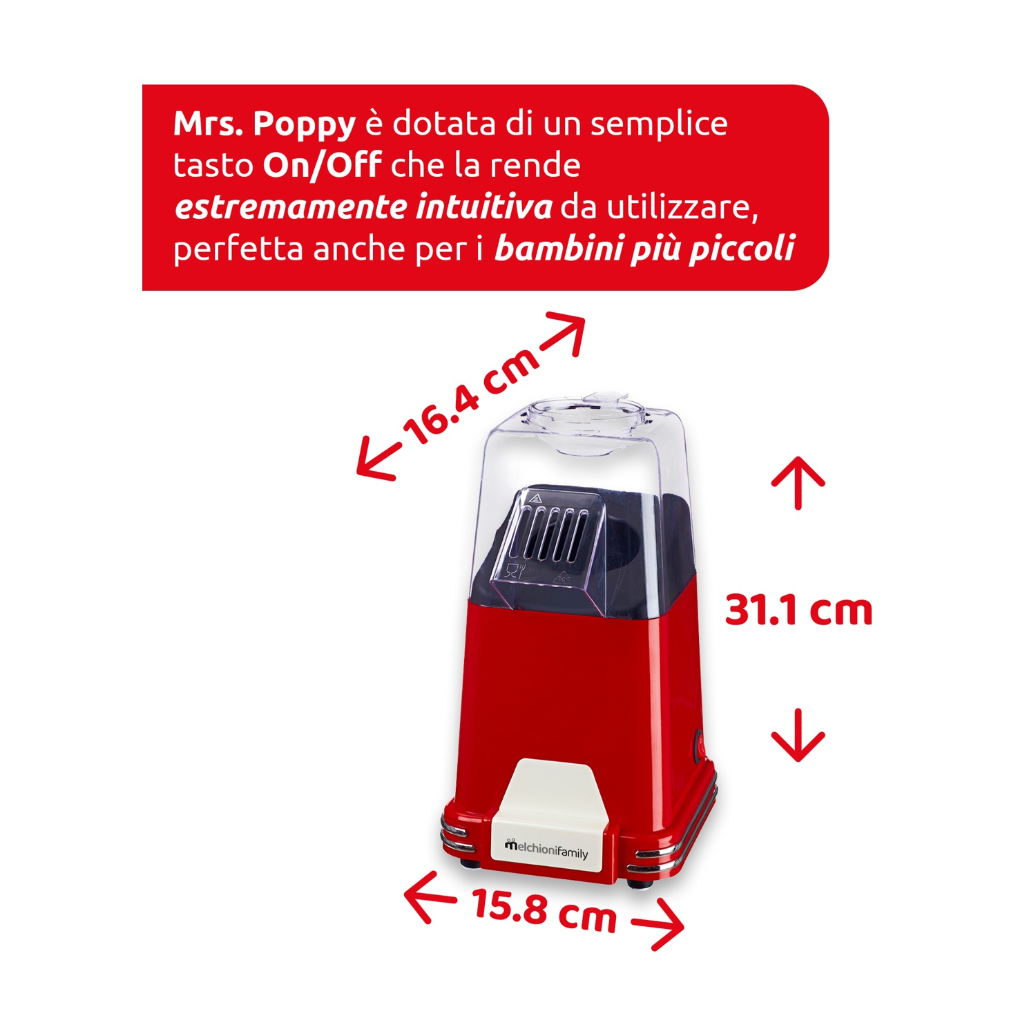 Una macchina per popcorn rossa con misure. Le dimensioni sono 16,4 cm, 31,1 cm di altezza e 15,8 cm.