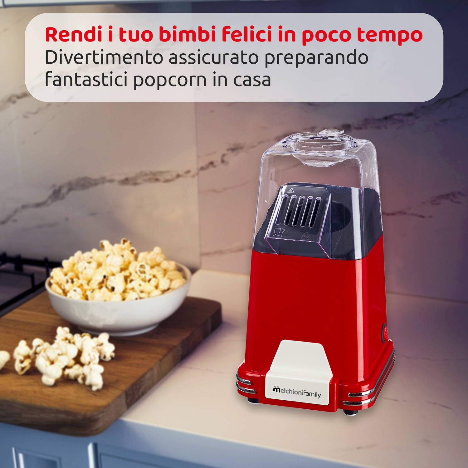 Macchina per popcorn rossa con popcorn. Ciotola di popcorn su tagliere.