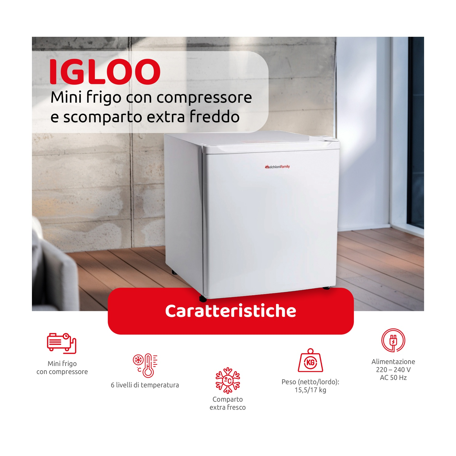 Mini-frigorifero bianco. Testo: IGOLOO, con caratteristiche. Su un muro bianco.