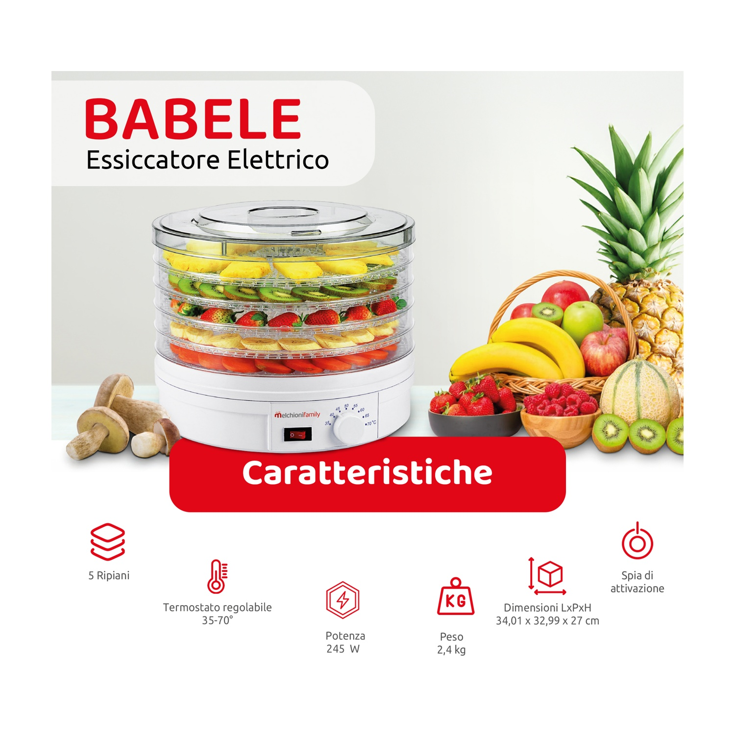 Un essiccatore elettrico per alimenti con vassoi di frutta secca. Altri frutti sono accanto.