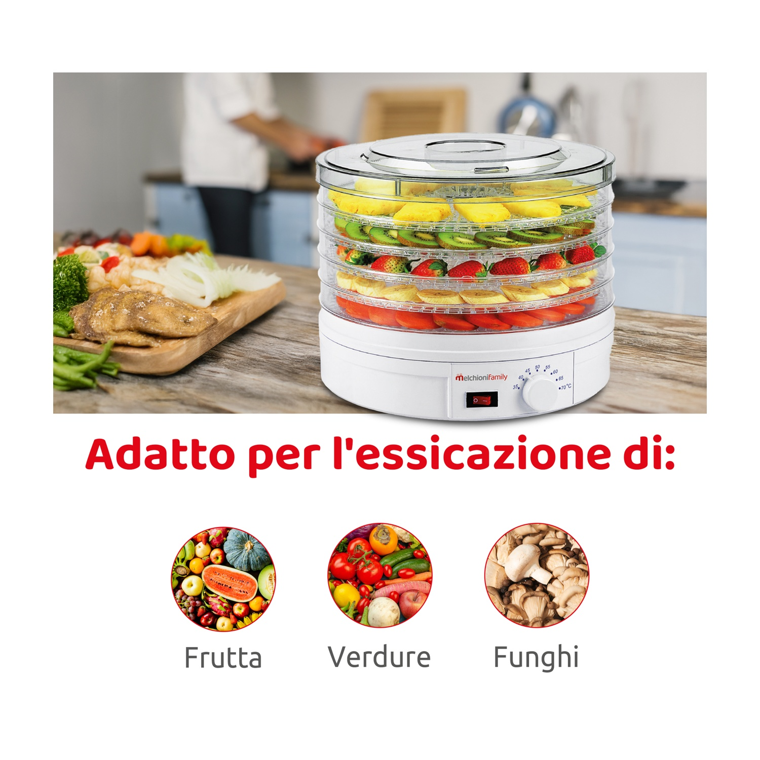 Un essiccatore alimentare bianco con più vassoi pieni di cibo, frutta e verdura.