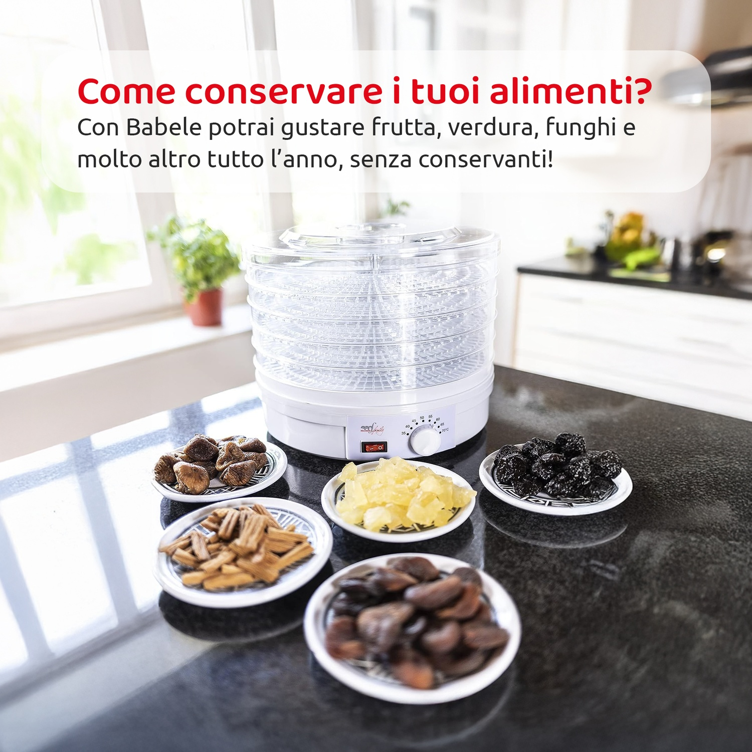 Essiccatore per alimenti con frutta e verdura secca su piatti, in un ambiente cucina.