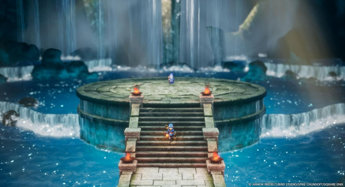 Eine Videospielszene mit Wasserfällen, einer Steinplattform und zwei Figuren auf einem Pfad.