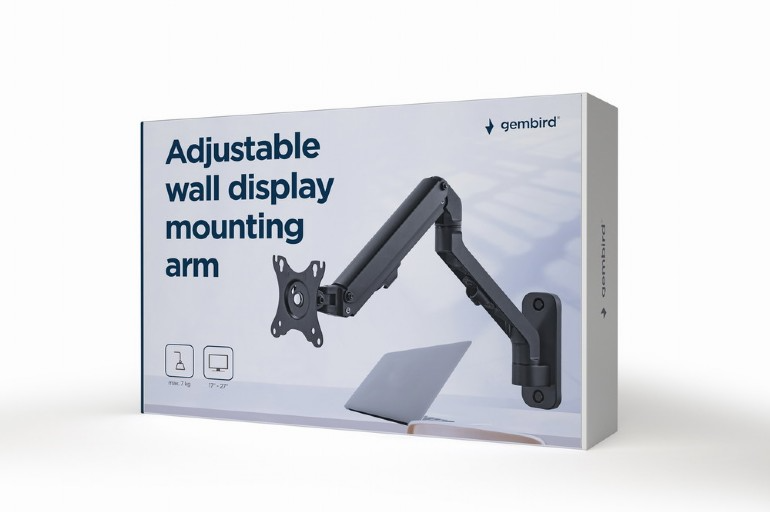 Egy dobozon egy fekete, állítható fali tartókar látható. A szöveg: 'Adjustable wall display mounting arm'.