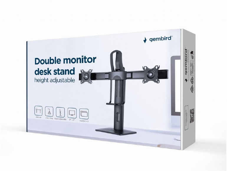 Egy doboz monitorállvány-illusztrációval, ikonokkal az asztal méretéhez, súlyhoz és monitor méretéhez.