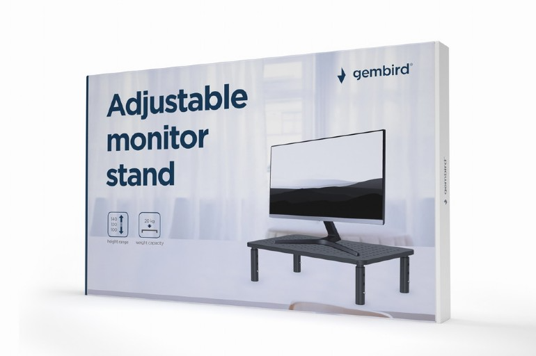 Állítható monitortartó doboza, a tartóval és a specifikációkkal.