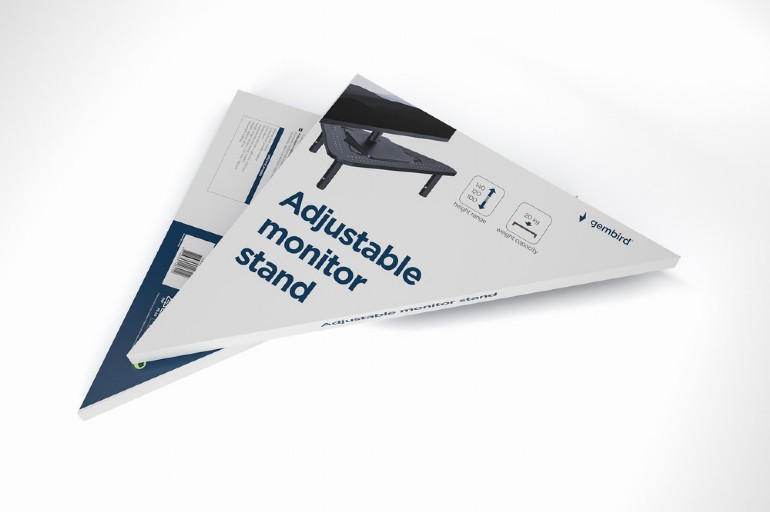 Fehér és kék doboz 'Adjustable monitor stand' felirattal és a tartó képével.
