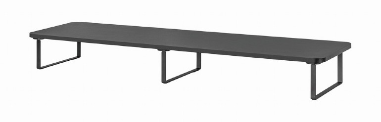 Fekete monitorállvány hosszú téglalap alakú felülettel és három lábbal.