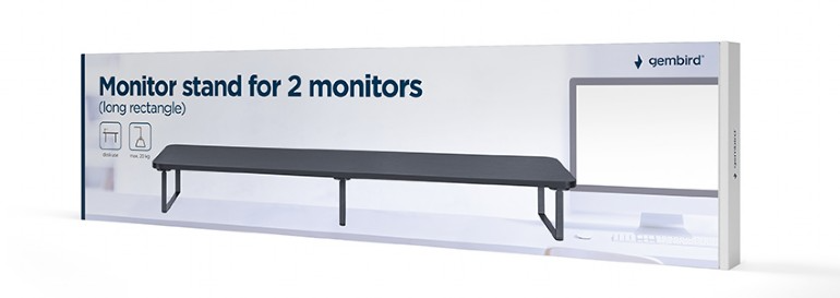 Hosszú doboz 'Monitor stand for 2 monitors' felirattal. Fehér háttér.
