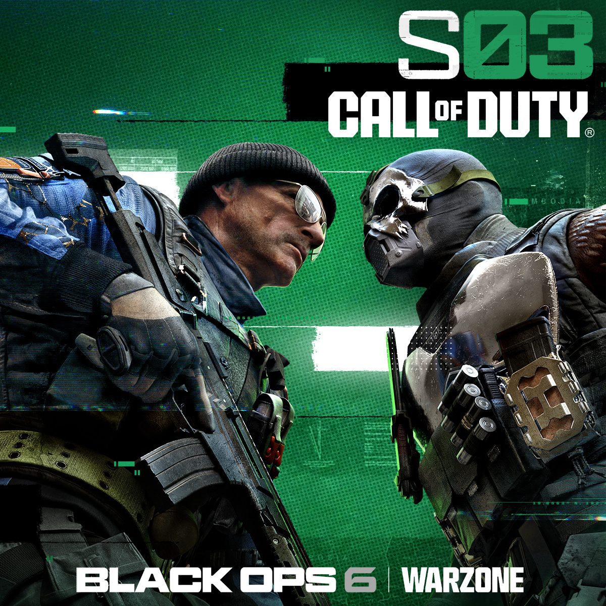 Ilustración de Call of Duty: Dos soldados se enfrentan, armas desenfundadas. Fondo verde.