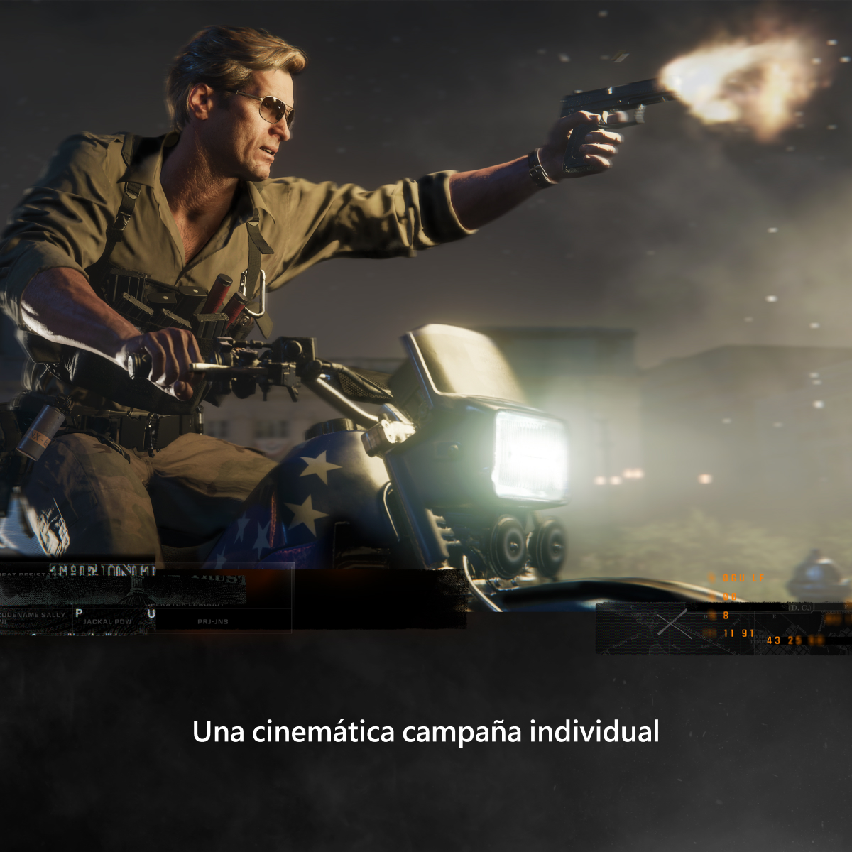 Un hombre en una moto disparando un arma, texto que dice 'Una cinematica campaña individual'.
