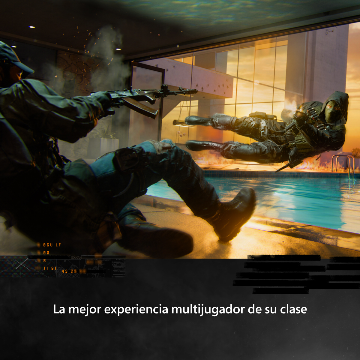 Dos soldados en una escena de juego están en acción cerca de una piscina.