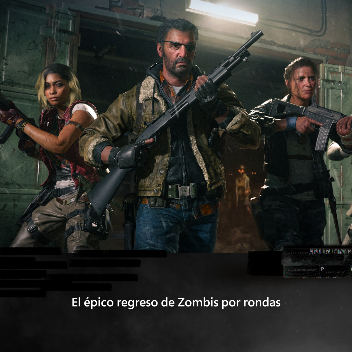 Tres personas armadas con armas en un entorno oscuro, zombis al fondo.