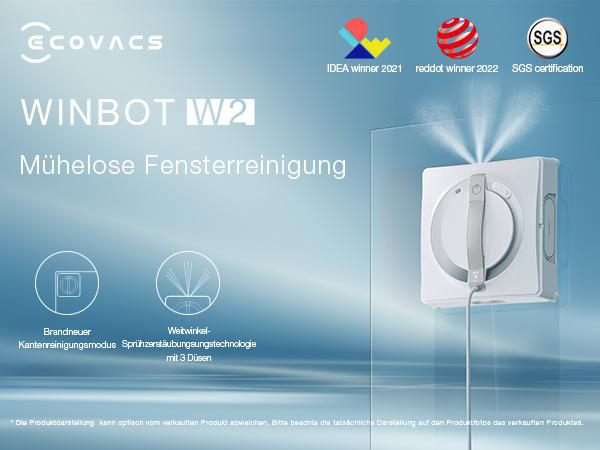 Fensterputzroboter auf einer Glasoberfläche. Text über das Produkt.