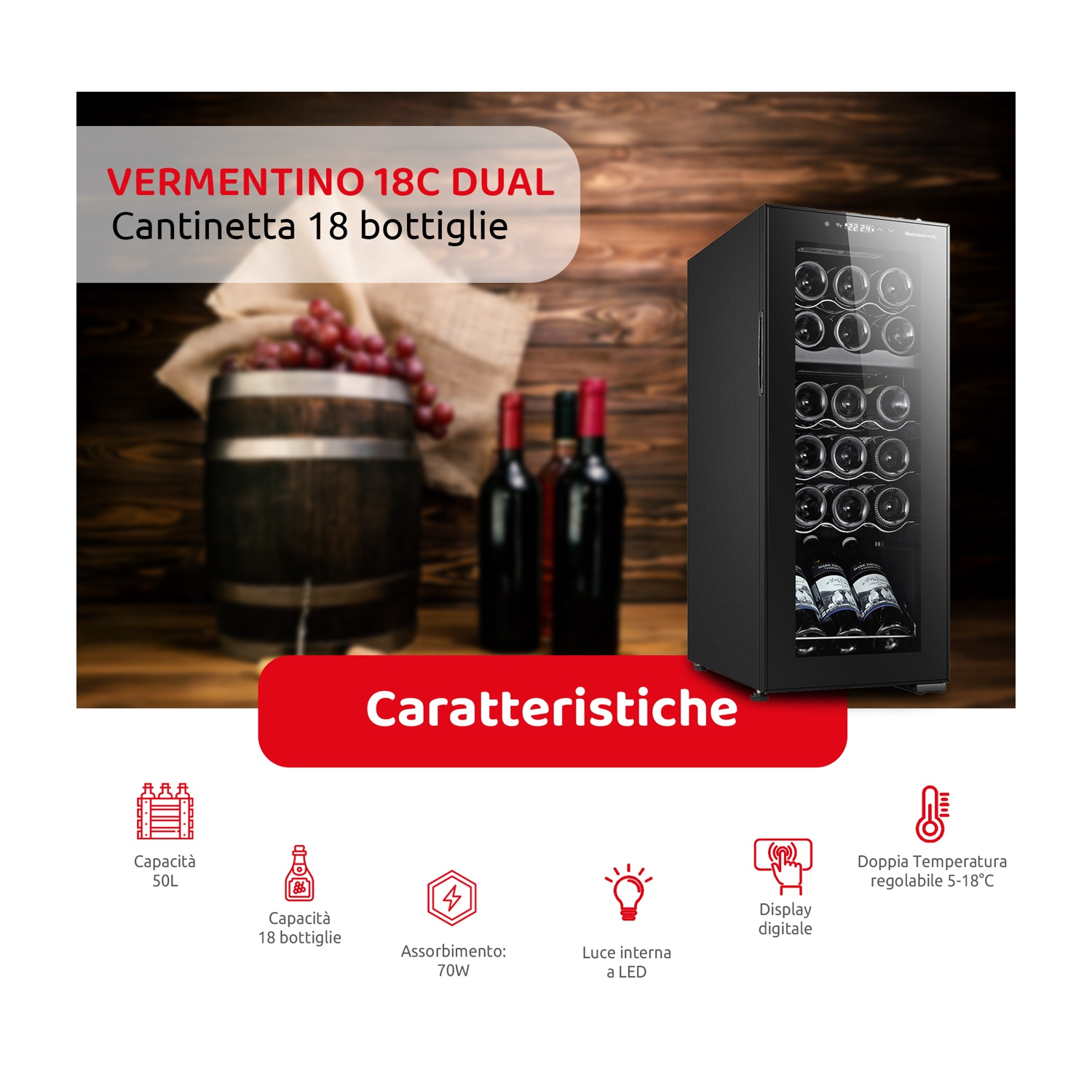 Cantinetta con bottiglie di vino all'interno, una botte e due bottiglie di vino su una superficie di legno.
