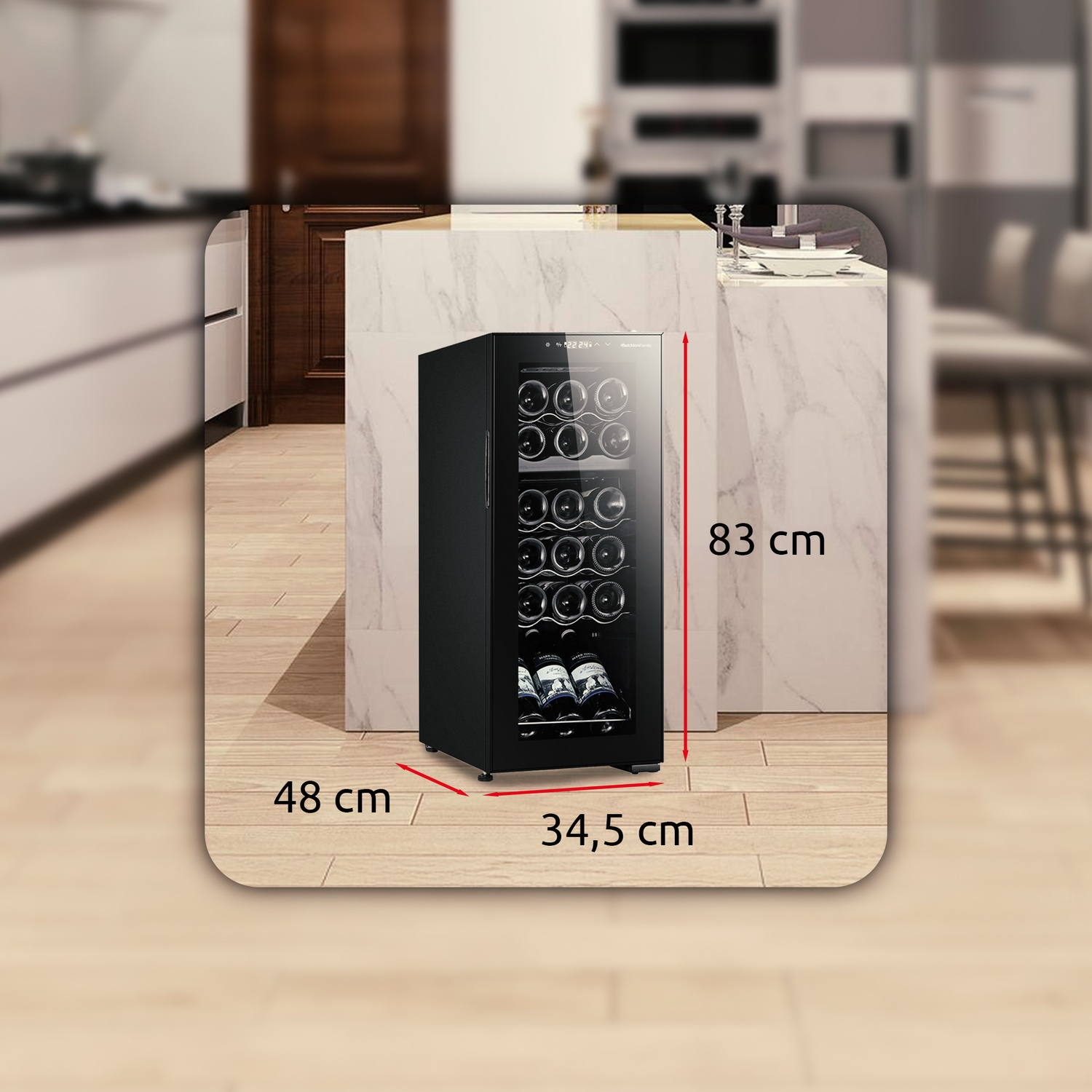 Una cantinetta nera con bottiglie all'interno. Le dimensioni sono indicate in centimetri.