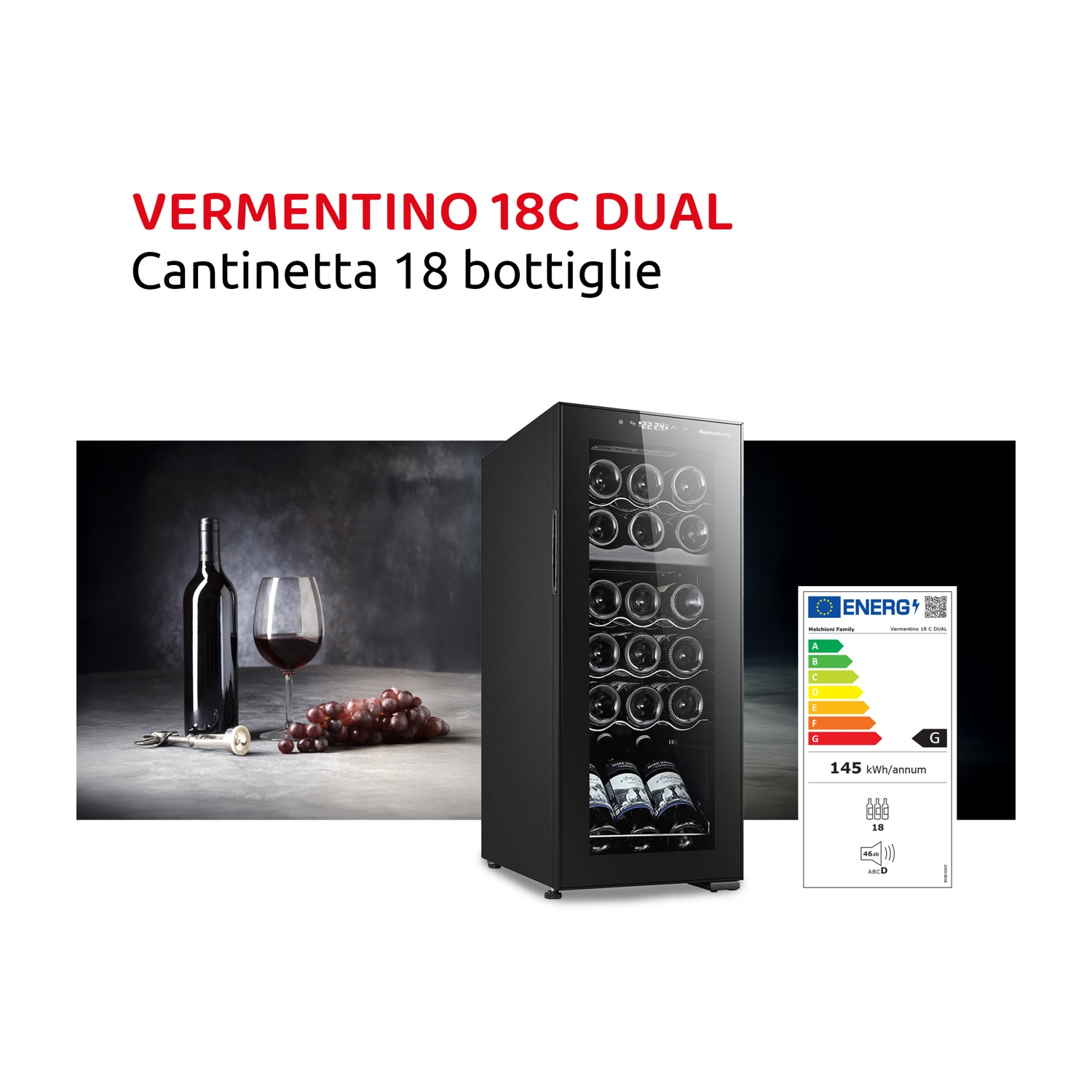 Un refrigeratore per vino nero con bottiglia e bicchiere di vino con etichetta energetica.