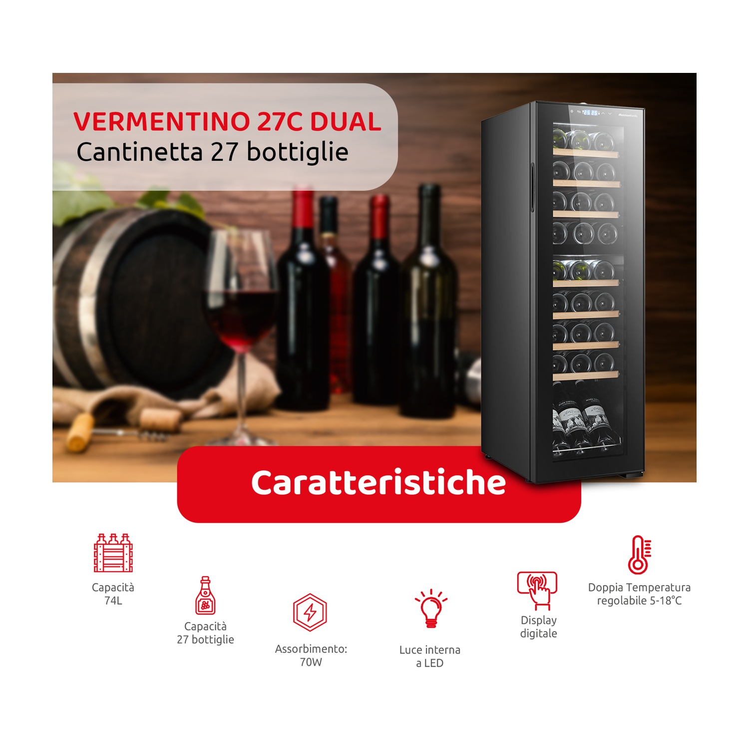 Cantinetta con bottiglie all'interno. Ha un display digitale e ripiani in legno.