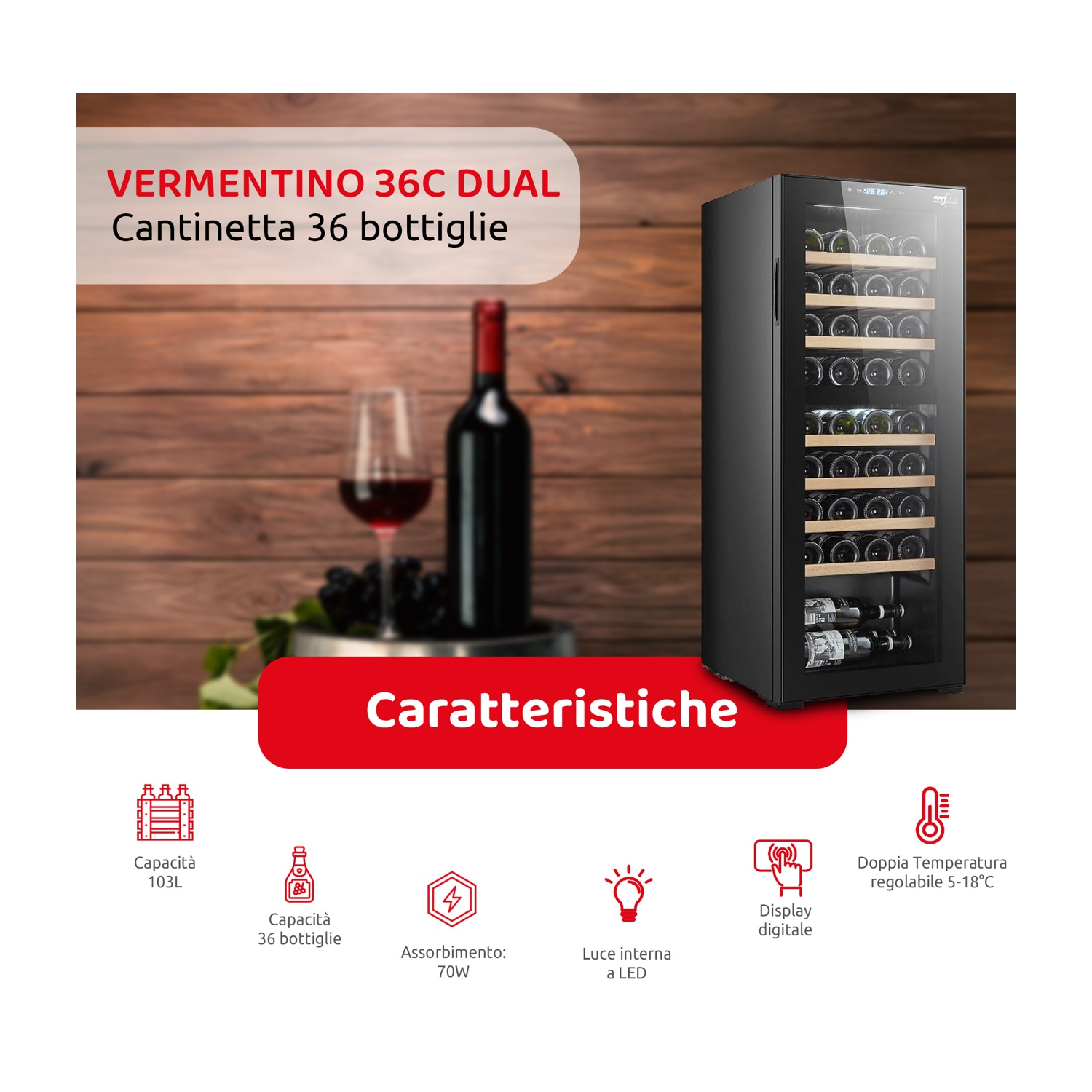 Cantinetta con bottiglia e bicchiere, sfondo in legno.