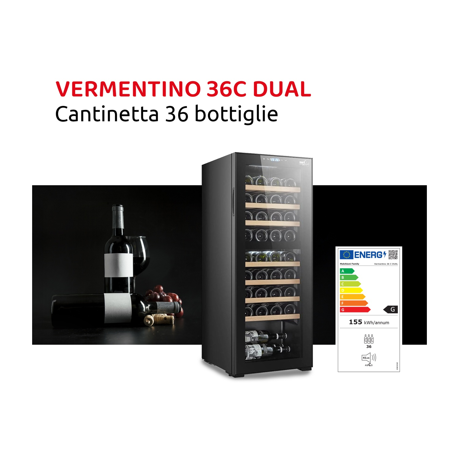 Una cantinetta con bottiglie di vino all'interno, con il testo VERMENTINO 36C DUAL.