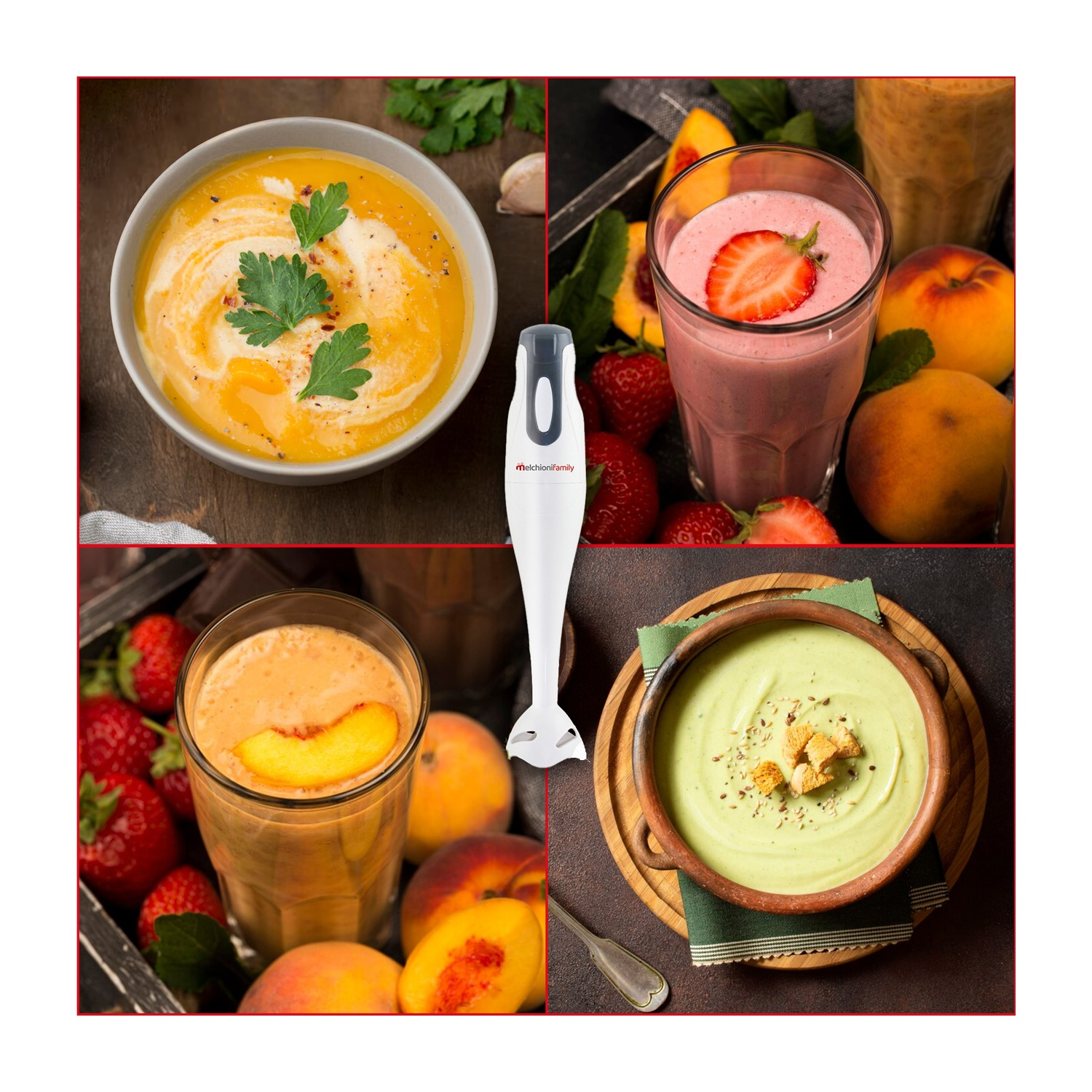 Frullatore con quattro immagini di frullati e zuppe. Vari ingredienti sono visibili.